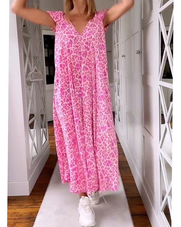 Damen v-ausschnitt midi-kleid - pinkes leopardenmuster mit lässigem schnitt