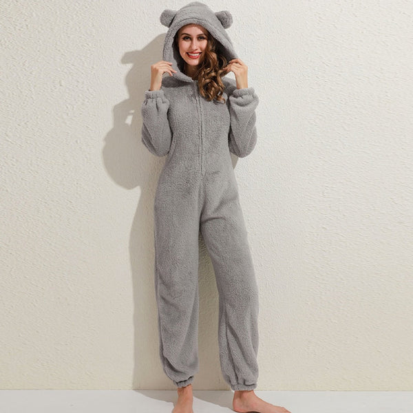 Fleece overall mit öhrli - gemütliche loungewear für damen