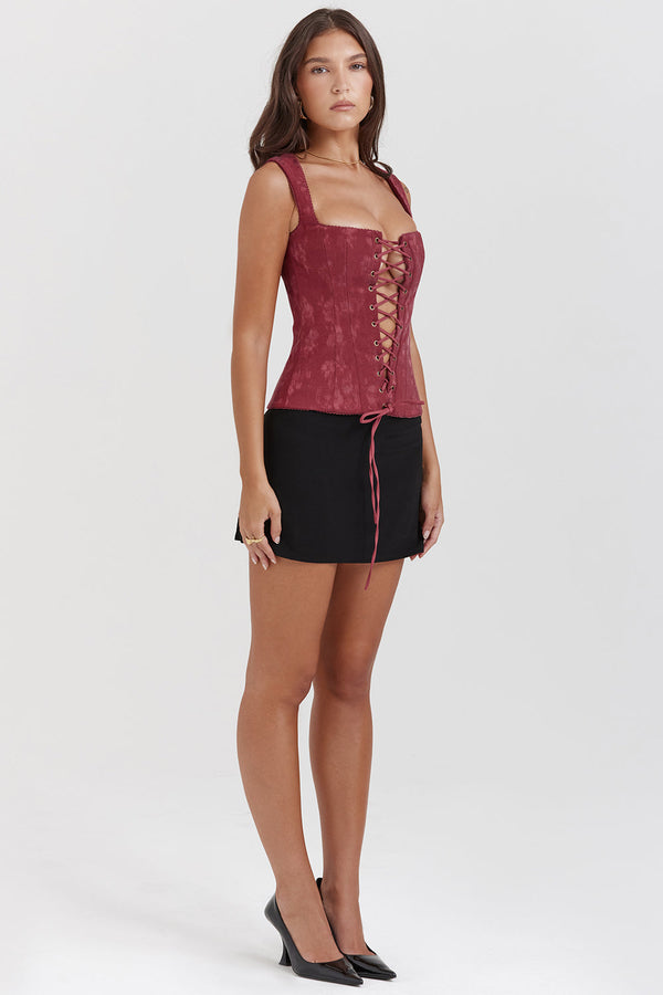 Damen schnür-corsage top - edles merlot blüsli mit raffinierter optik