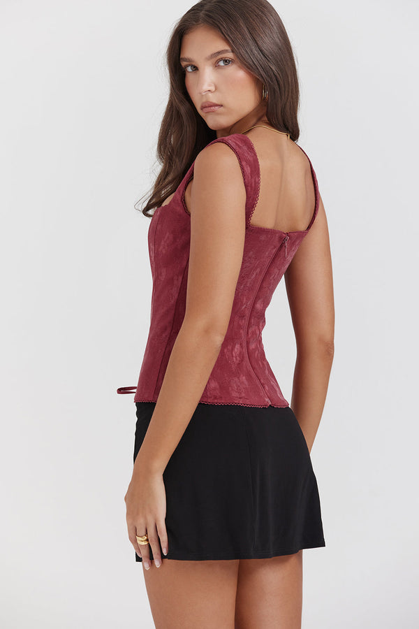 Damen schnür-corsage top - edles merlot blüsli mit raffinierter optik
