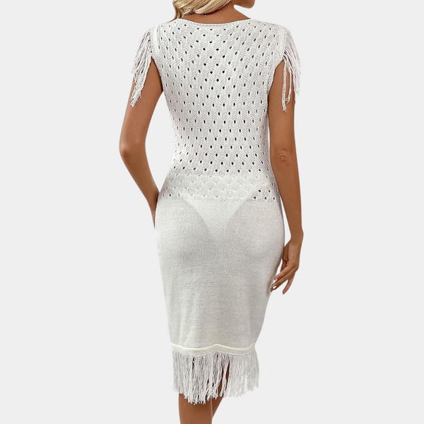 Strickkleid - weisses sommerkleid für damen mit fransen-details