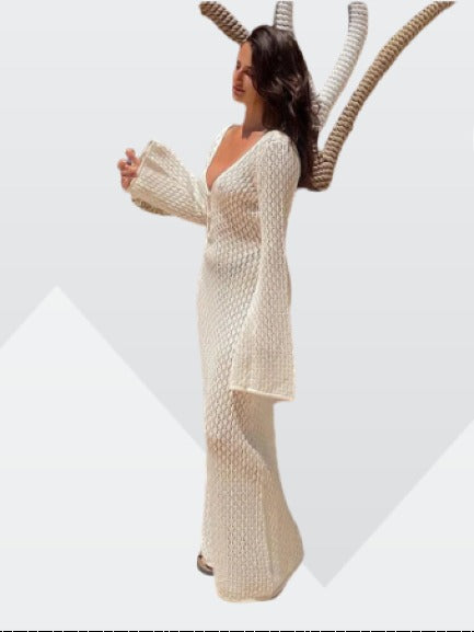 Strick-maxi-kleid - elegantes langes damenkleid mit v-ausschnitt