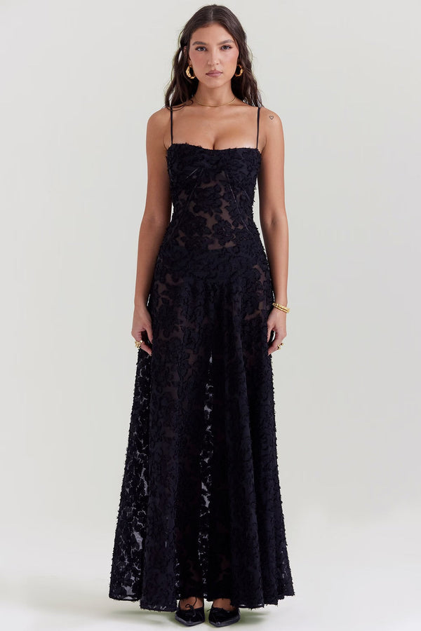 Spitzen maxi kleid - elegante schwarze abendrobe