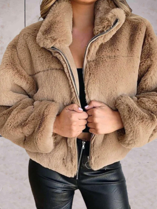 Damenjacke us Kunstfell mit Reissverschluss – Warme und weiche Fleece-Oberbekleidung