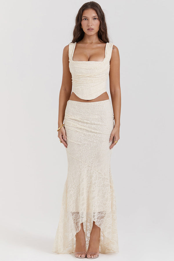2-teilige vintage crème spitze korsett und maxi rock kombination - elegante damen ensemble