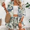 2-teiliges frauen-outfit mit blumenmuster - elegante grüne sommer-shorts & offene cardigan-kombination