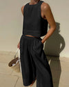 2-teilige frauen leinen crop top und weite hose - stylisches sommer outfit für damen