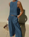 2-teilige frauen leinen crop top und weite hose - stylisches sommer outfit für damen