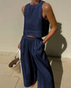 2-teilige frauen leinen crop top und weite hose - stylisches sommer outfit für damen