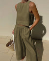 2-teilige frauen leinen crop top und weite hose - stylisches sommer outfit für damen