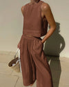 2-teilige frauen leinen crop top und weite hose - stylisches sommer outfit für damen