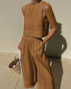 2-teilige frauen leinen crop top und weite hose - stylisches sommer outfit für damen