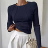 Slim fit langarm T-shirt – damen einfarbiger split pullover mit strickmuster