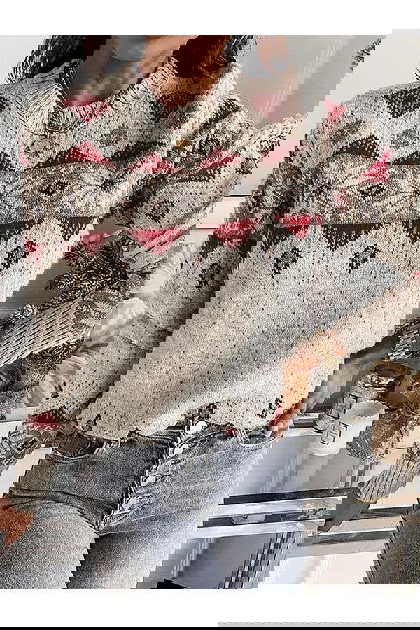 Schlichter skandinavischer Pullover mit modernem norwegischem Muster in Grau und lebhaftem Orange