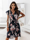 Blumiges wickelkleid - chices plissiertes damenkleid mit v-ausschnitt