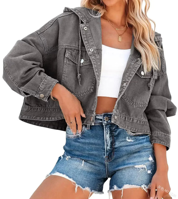 Denim-jacke - stylische damen-cropped-jacke mit kapuze
