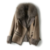 Damen-Bikerjacke – Eleganti brauni Jacke mit Kunstfellkrage