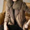 Damen-Bikerjacke – Eleganti brauni Jacke mit Kunstfellkrage