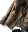 Damen-Bikerjacke – Eleganti brauni Jacke mit Kunstfellkrage