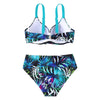 2-teiliges hochgeschnittenes bikini-set - tropisches blattmuster damen badebekleidung