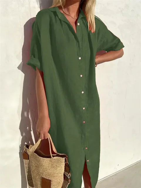 Langes hemdblusenkleid für den sommer - lässige passform aus leinenmischung