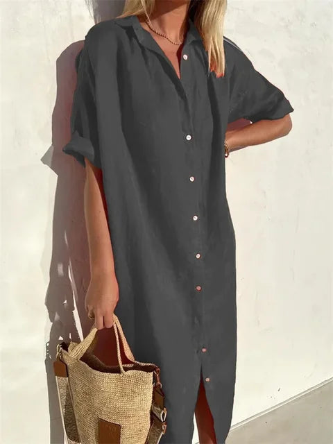 Langes hemdblusenkleid für den sommer - lässige passform aus leinenmischung