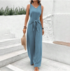 Damen casual jumpsuit - elegante blaue lange hosen für sommerausflüge - leichtes material, schmeichelhaftes design mit knoten vorne