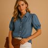 Dä elegante damen denim-bluse mit puffärmeln – coole blaue bluse für jeden tag