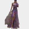 Elegantes maxi-kleid für frauen mit asymmetrischem schnitt in gelb für den abend - leicht fliessender stoff mit hohem schlitz