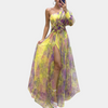 Elegantes maxi-kleid für frauen mit asymmetrischem schnitt in gelb für den abend - leicht fliessender stoff mit hohem schlitz