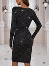 D'frauen party-kleid elegant schwarz glitzernd mit v-ausschnitt und langen ärmeln - schicki abendmode für spezielle anlässe