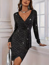 D'frauen party-kleid elegant schwarz glitzernd mit v-ausschnitt und langen ärmeln - schicki abendmode für spezielle anlässe