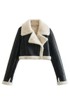 Damenjacke mit Sherpa-Akzent – Kurzi schwarze Jacke mit Reissverschluss