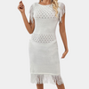 Strickkleid - weisses sommerkleid für damen mit fransen-details