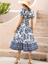 Floral muster fliessend kleid - elegante weiss-blaue damen kleid