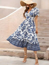 Floral muster fliessend kleid - elegante weiss-blaue damen kleid