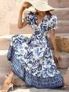Floral muster fliessend kleid - elegante weiss-blaue damen kleid