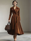 Maxi corduroykleid - elegantes karamellfarbiges langarmkleid für damen